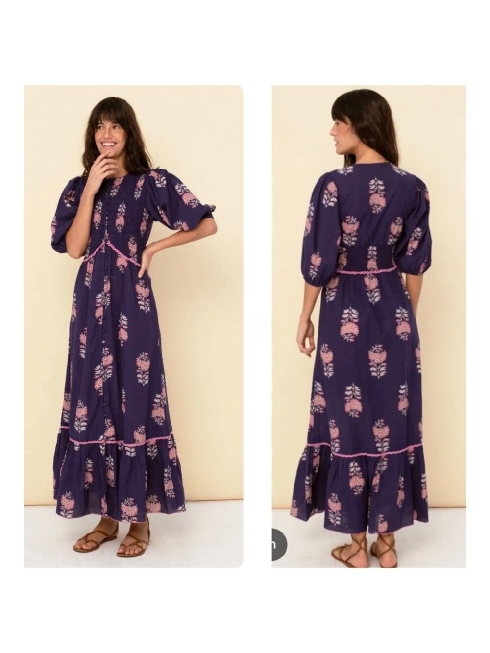 SONMER Peasant Magnolia Maxi Dress Small Womens Purple Ballon Sleeves Smocked